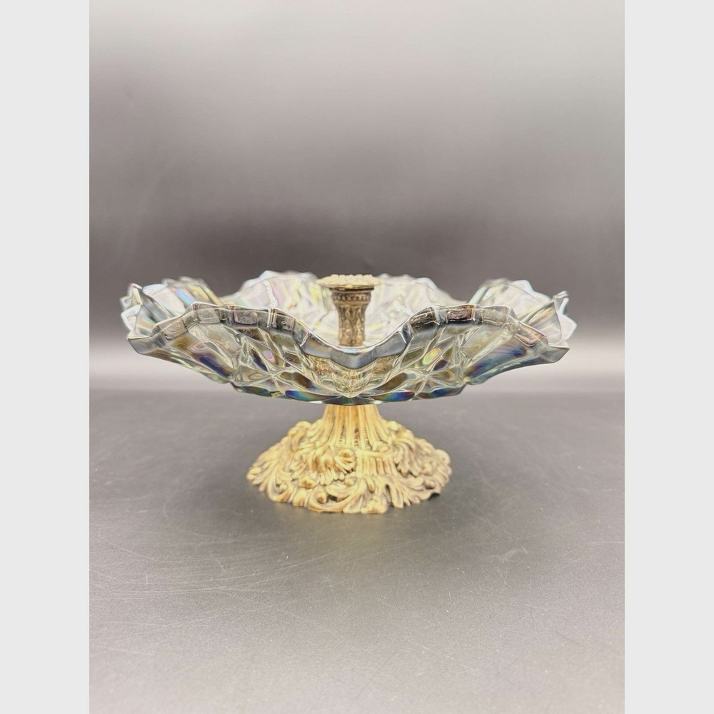Vintage Carnival Glass Grape Iridescent Candy Dish Brass Pedestal Base Ruffled